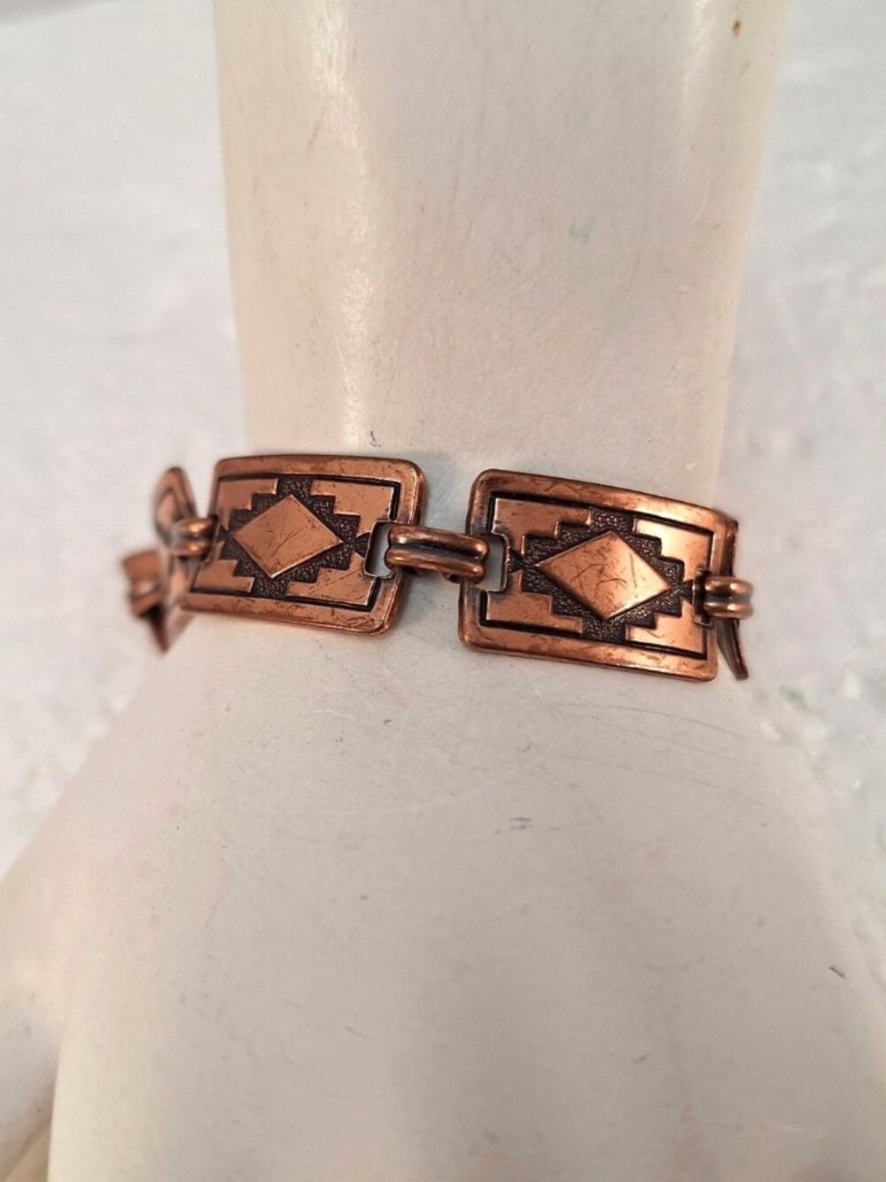 Vintage Southwestern Stamped Copper Panel Link Bracelet Double Hook Clasp 7.5"